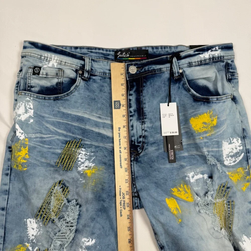 Switch Remarkable Mens Distressed Paint Splatter Denim Shorts Blue Size 40 NWT